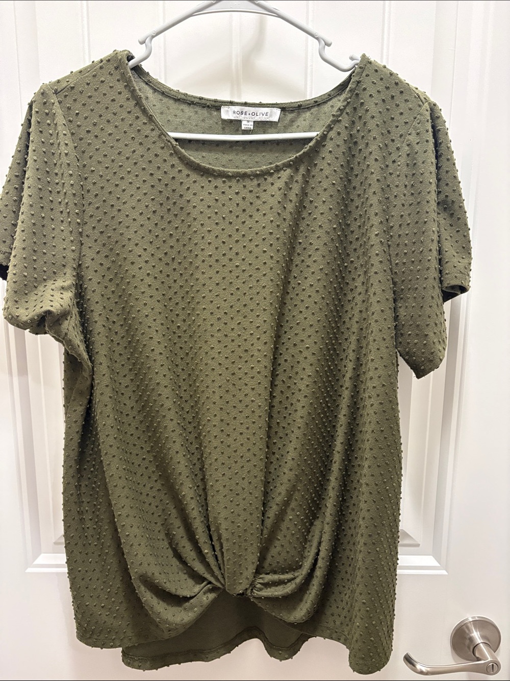 Rose + Olive 1X Olive Green Swiss Dot Twist Front Short Sleeve Top